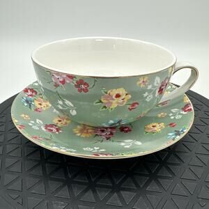 Graces Teaware Teacup & Saucer Teal Floral Gold Trim